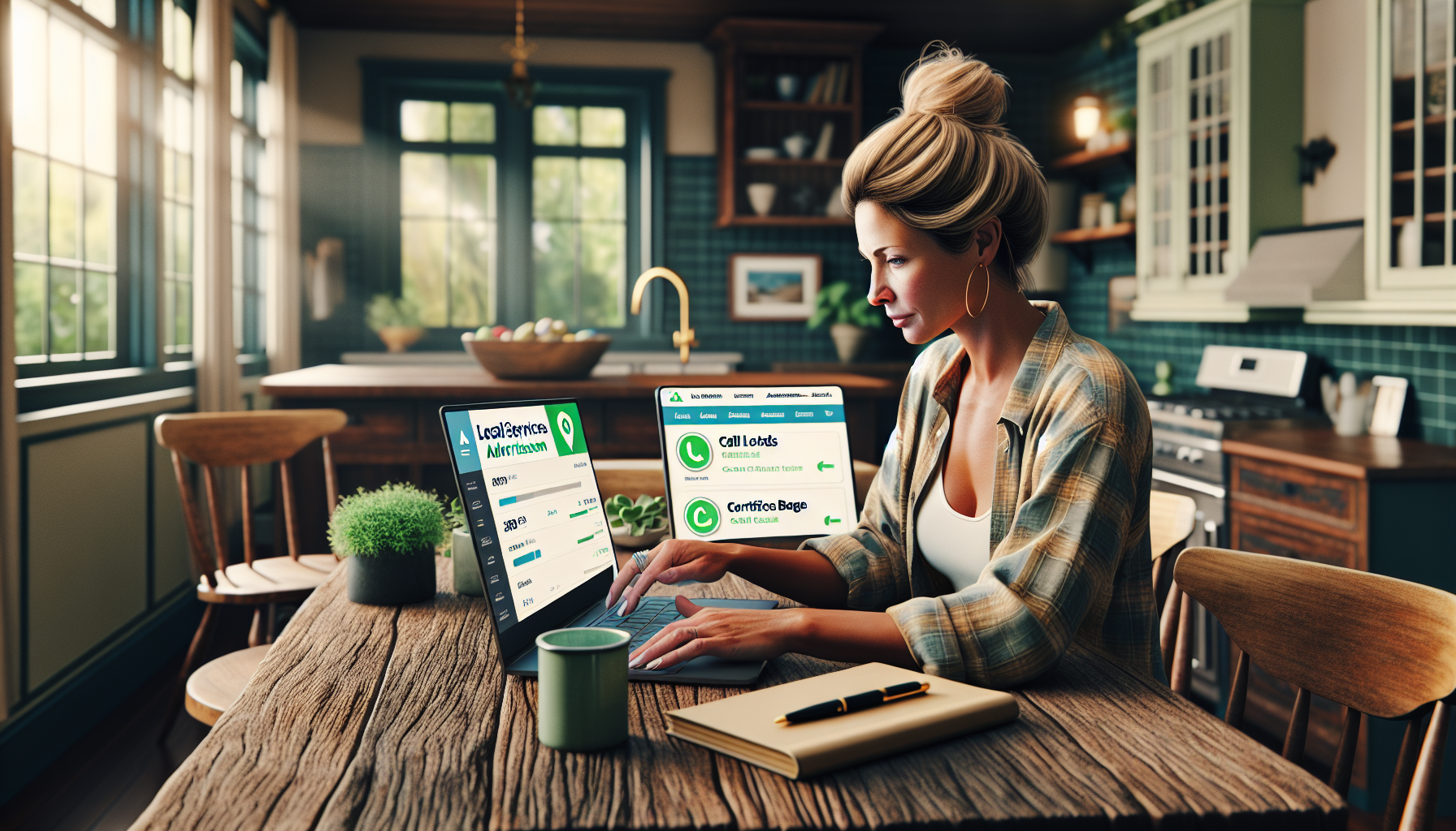Home service business owner at kitchen table with LSA dashboard on laptop showing Google Verified badge