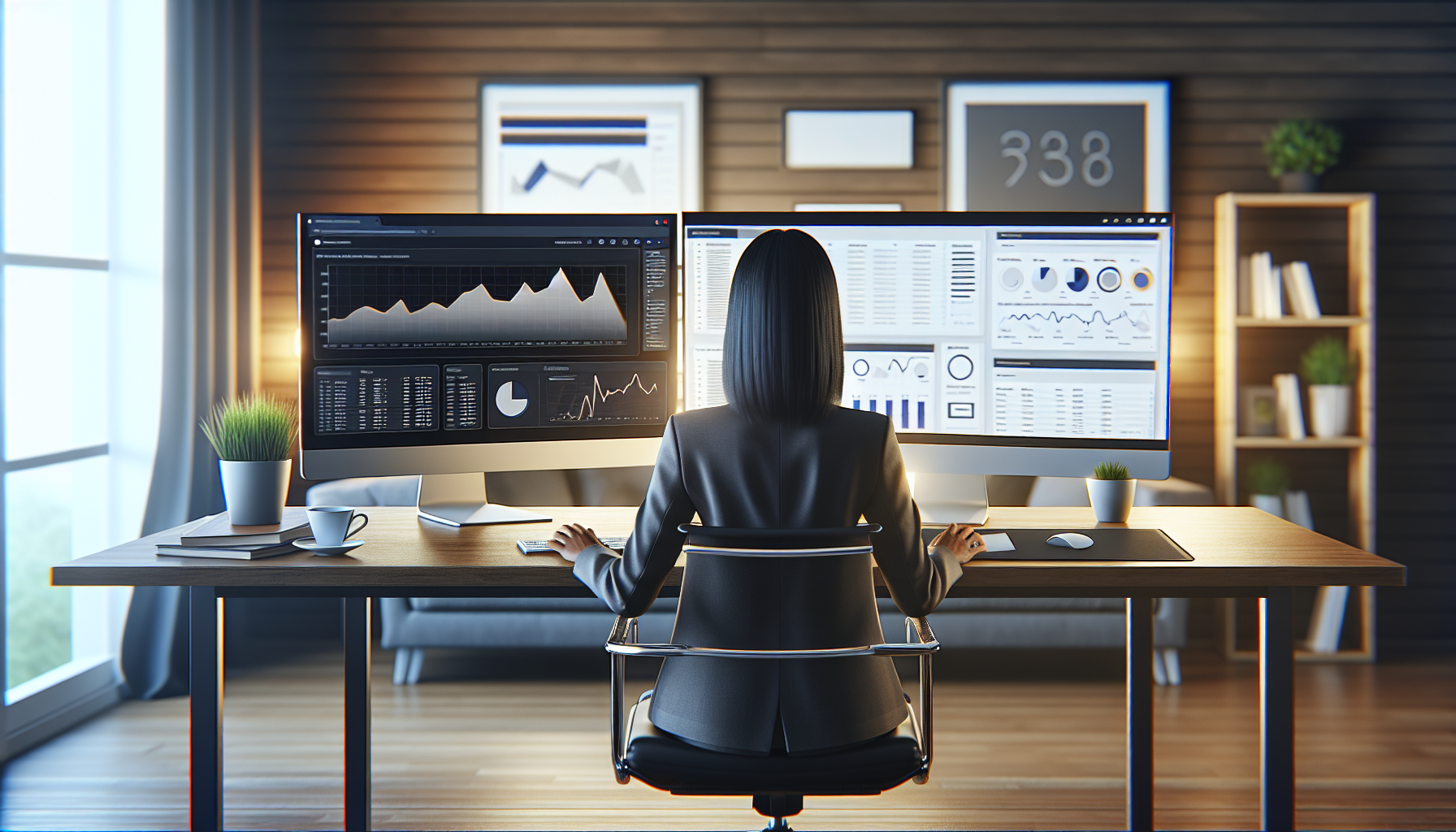 Professional woman reviewing SEO analytics on dual monitors