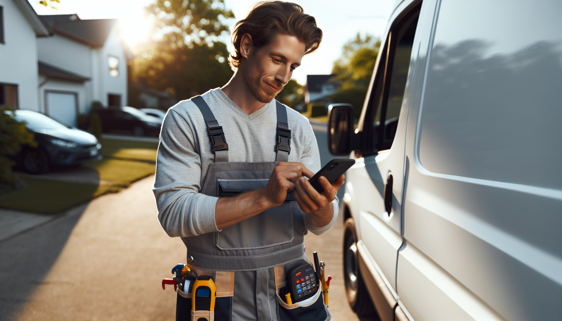 HVAC technician checking Google search results on smartphone