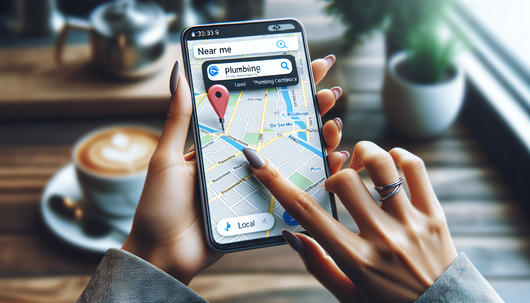 Hands using smartphone showing Google Maps local search for plumbing